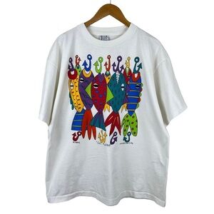 VTG MIS-TEE-V-US Women's White Graphic Fish Single Stitch 90's T-Shirt Sz XL